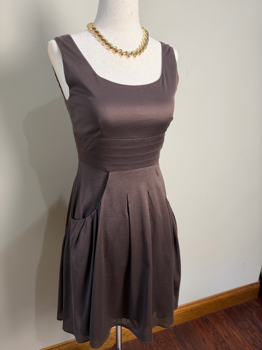 FENDI Brown Satin Fit & Flare Dress Size 38 Pleated Waist Luxury Designer